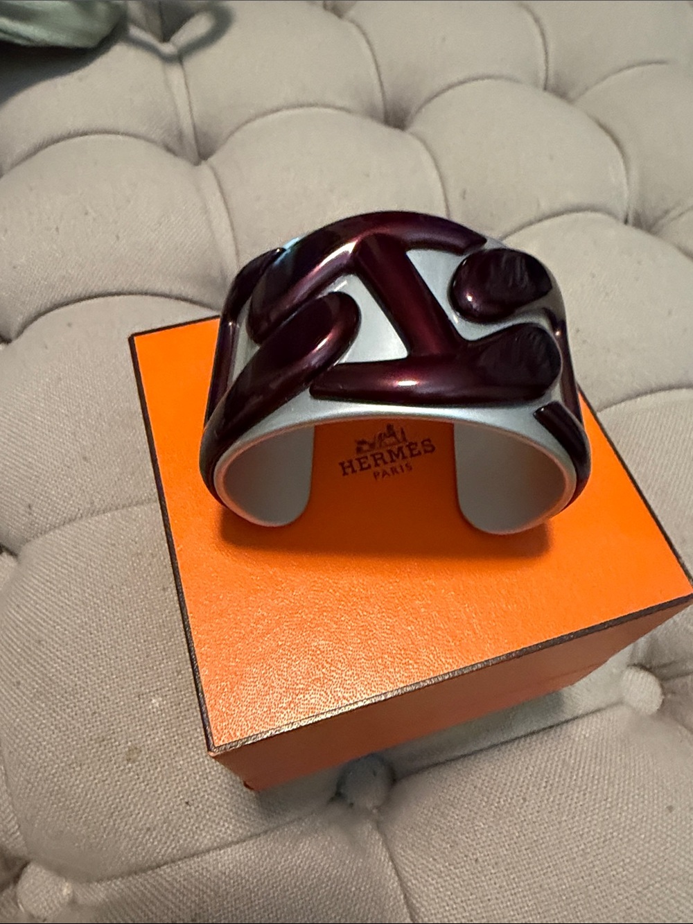 Hermes Burgundy and White Enamel Cuff Bracelet